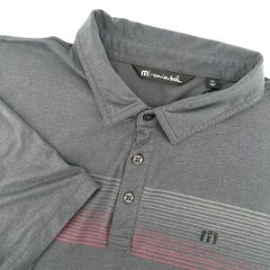 TravisMathew Men XXL Polo Shirt Charcoal Gray Red Chest Stripe Golf Short Sleeve